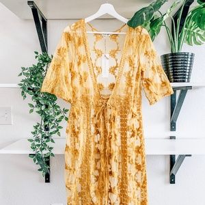 Boho Mustard Lace Flare-Sleeve Duster